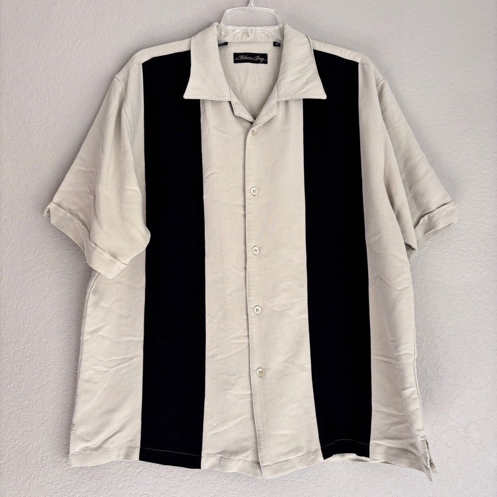 Milano Bay Mens Casual Dress Shirt Short Sleeve Black/Beige Extra Large